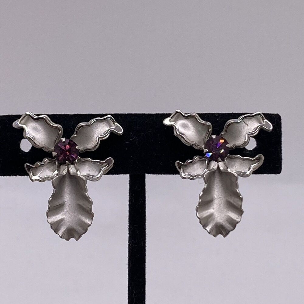 Vintage Silver Tone Orchid  Screw Back Earrings Purple Glass Rhinestone